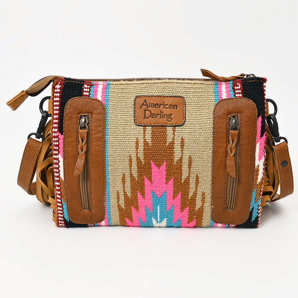 LC-ADBGZ184 Southwestern Wool Crossbody Bag with Tooled Leather & Fringe - Western Fringe Purse