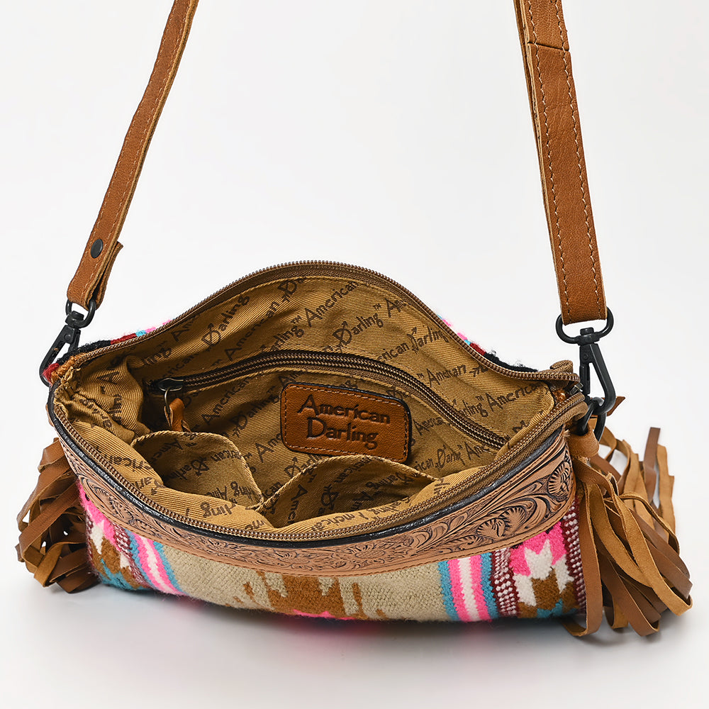 LC-ADBGZ184 Southwestern Wool Crossbody Bag with Tooled Leather & Fringe - Western Fringe Purse