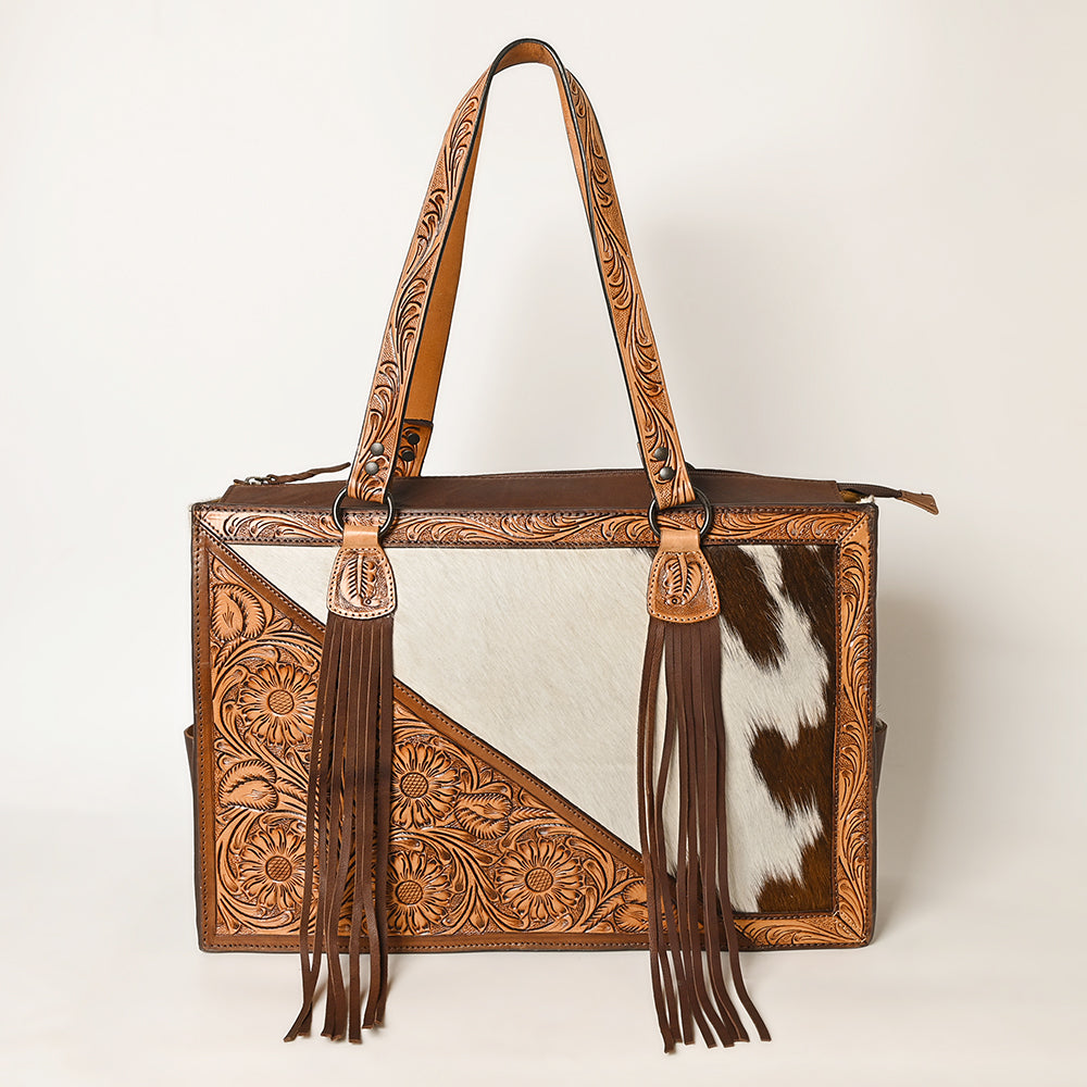 LC-ADBGZ695 Hair-On Cowhide Tote Bag with Hand-Tooled Leather & Fringe - Western Shoulder Bag