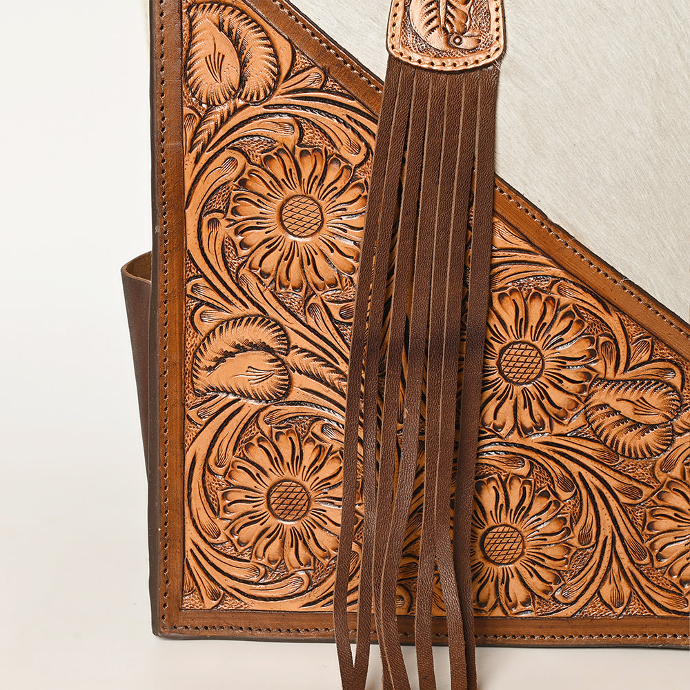 LC-ADBGZ695 Hair-On Cowhide Tote Bag with Hand-Tooled Leather & Fringe - Western Shoulder Bag