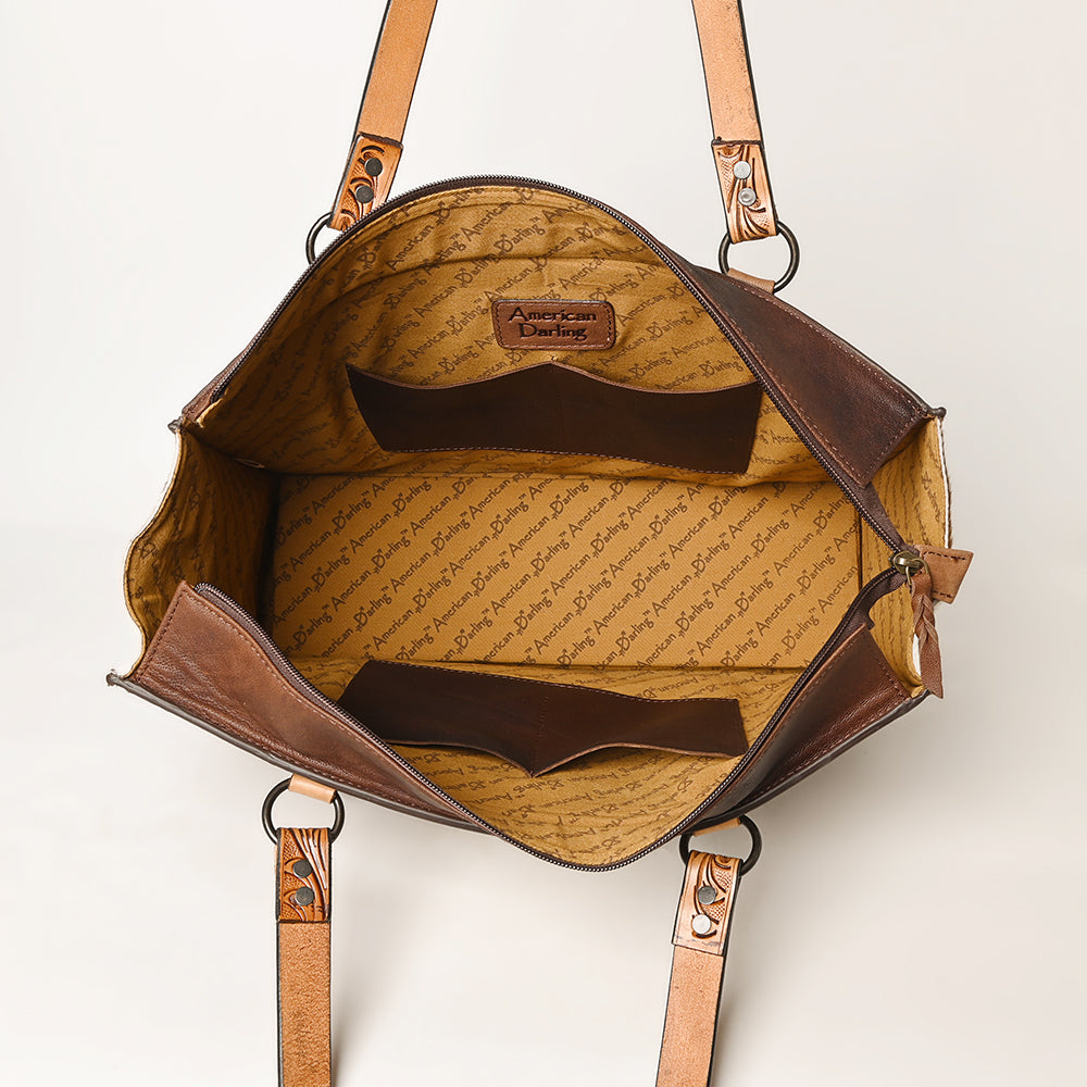 LC-ADBGZ695 Hair-On Cowhide Tote Bag with Hand-Tooled Leather & Fringe - Western Shoulder Bag