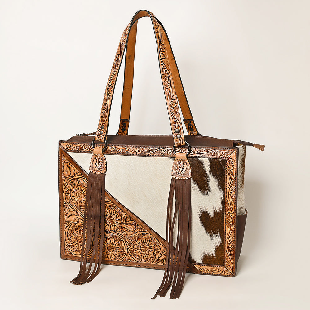 LC-ADBGZ695 Hair-On Cowhide Tote Bag with Hand-Tooled Leather & Fringe - Western Shoulder Bag