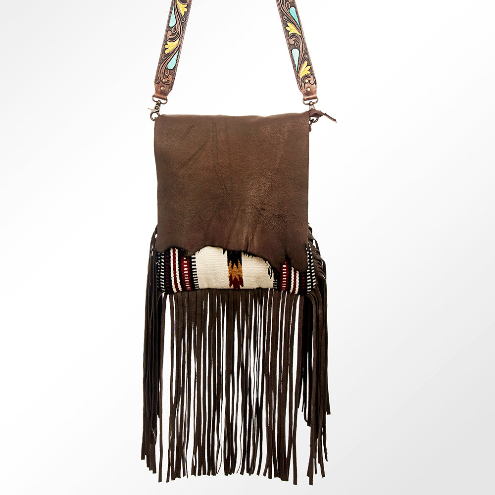 ADBGZXU175A American Darling Hand Tooled Floral Cross body Bag with Woven Saddle Blanket & Fringes