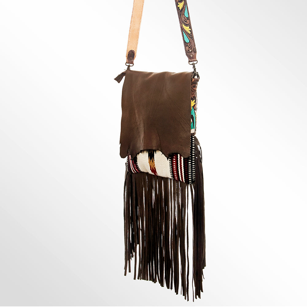 ADBGZXU175A American Darling Hand Tooled Floral Cross body Bag with Woven Saddle Blanket & Fringes