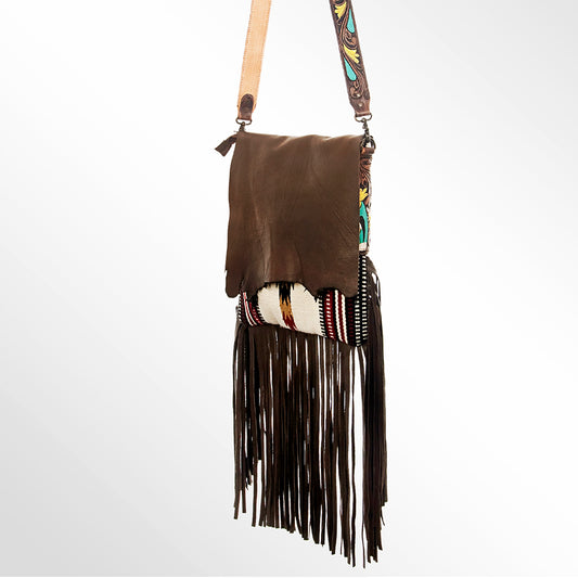 ADBGZXU175A American Darling Hand Tooled Floral Cross body Bag with Woven Saddle Blanket & Fringes
