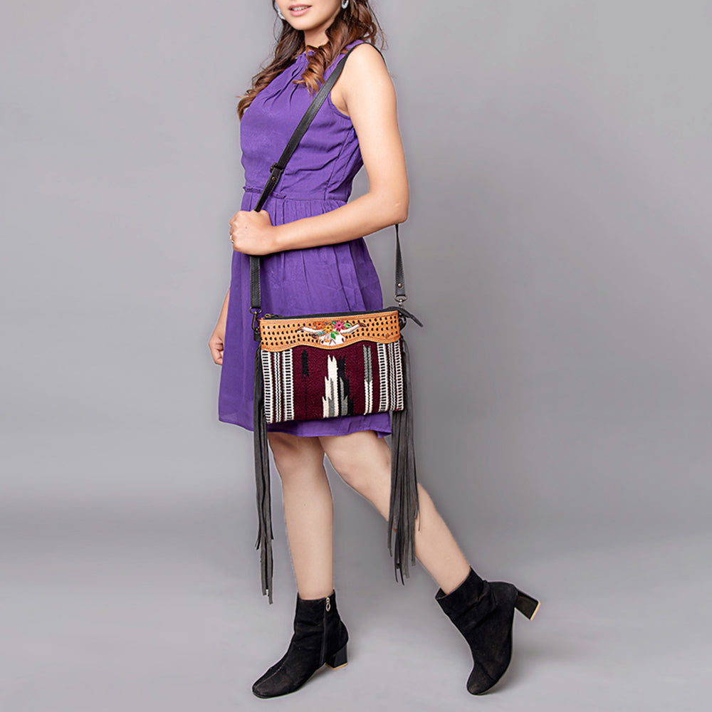 LC-ADBGZ184 Southwestern Wool Crossbody Bag with Tooled Leather & Fringe - Western Fringe Purse