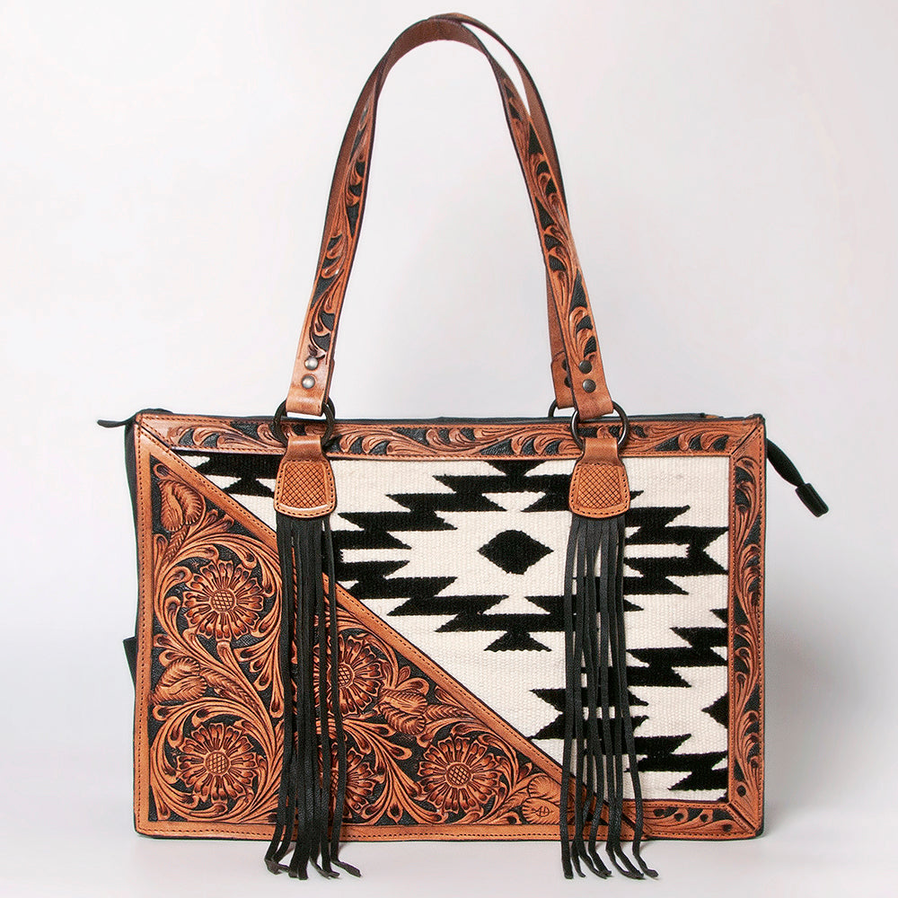 LC-ADBGZ695 Southwestern Aztec Tote Bag with Hand-Tooled Leather and Fringe - Western Shoulder Purse