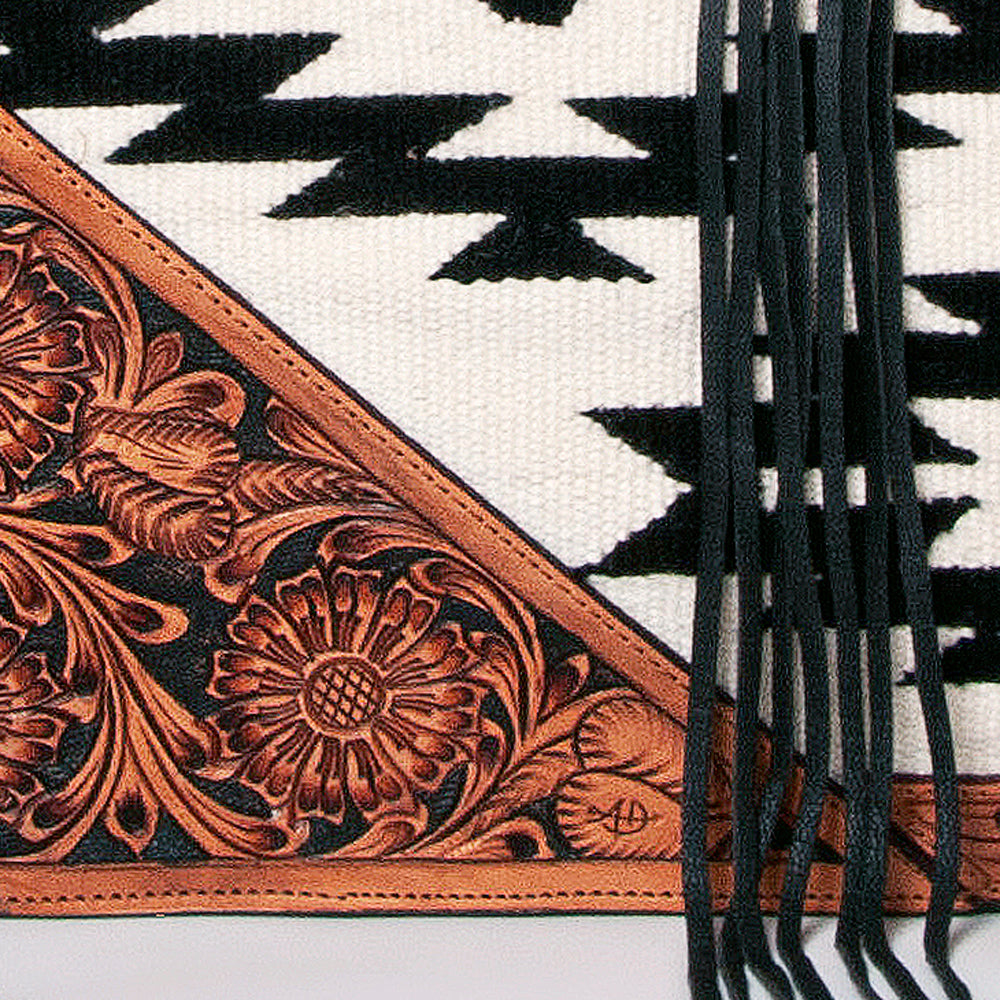 LC-ADBGZ695 Southwestern Aztec Tote Bag with Hand-Tooled Leather and Fringe - Western Shoulder Purse