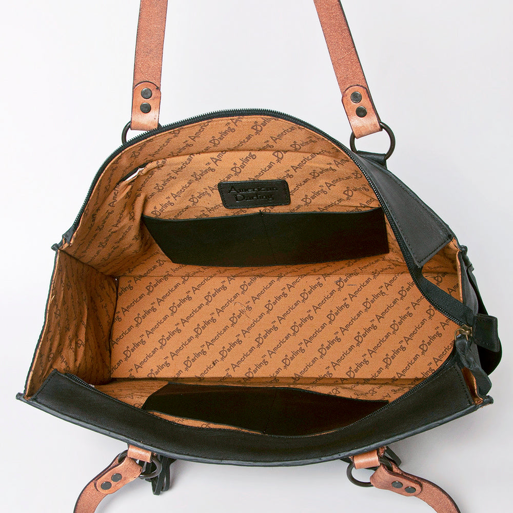 LC-ADBGZ695 Southwestern Aztec Tote Bag with Hand-Tooled Leather and Fringe - Western Shoulder Purse