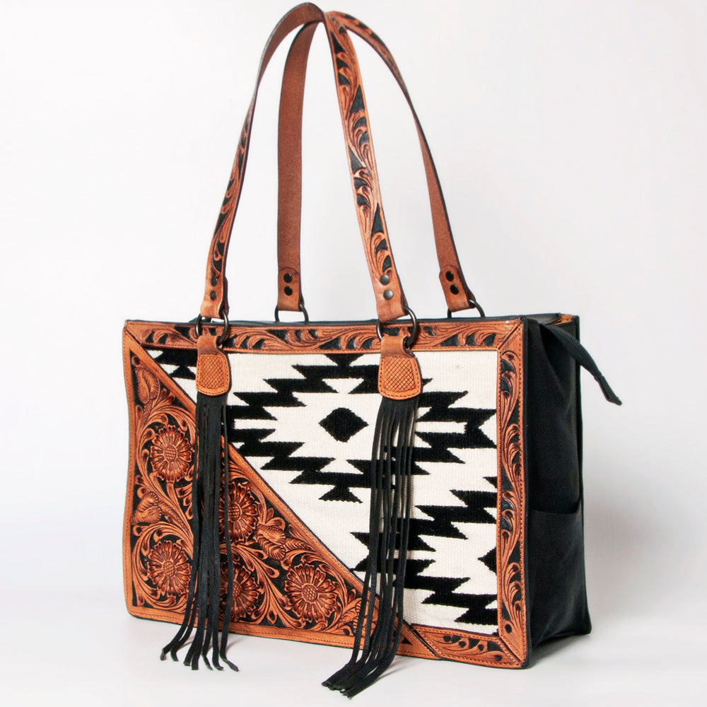 LC-ADBGZ695 Southwestern Aztec Tote Bag with Hand-Tooled Leather and Fringe - Western Shoulder Purse