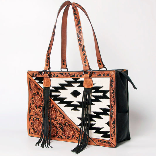 LC-ADBGZ695 Southwestern Aztec Tote Bag with Hand-Tooled Leather and Fringe - Western Shoulder Purse