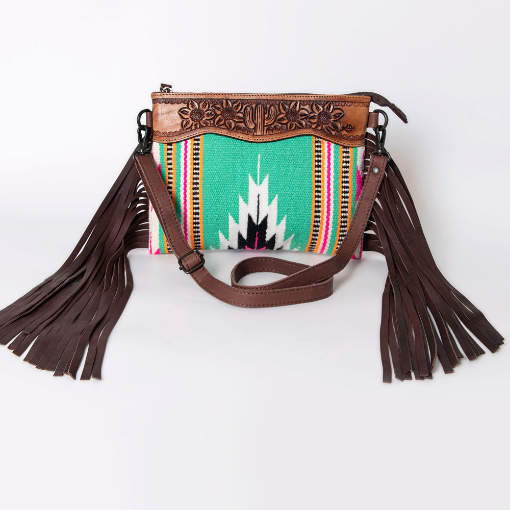 LC-ADBGZ184 Southwestern Wool Crossbody Bag with Tooled Leather & Fringe - Western Fringe Purse