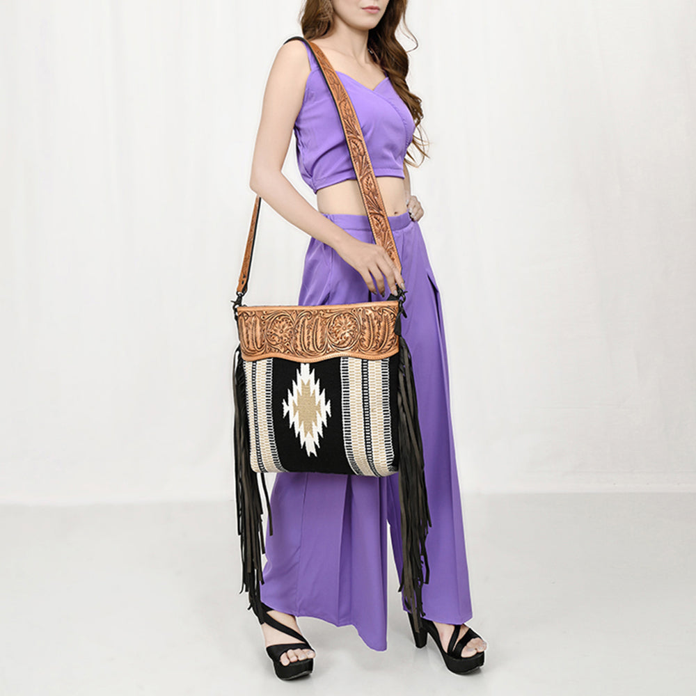 ADBGZ701 Tooled Leather Crossbody Bag with Fringe & Wool Saddle Blanket - Western Style Purse