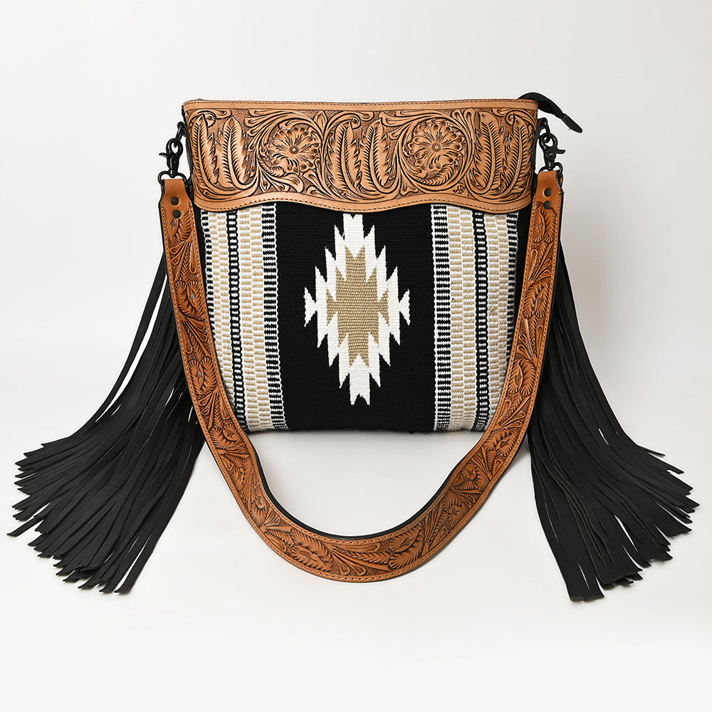 ADBGZ701 Tooled Leather Crossbody Bag with Fringe & Wool Saddle Blanket - Western Style Purse
