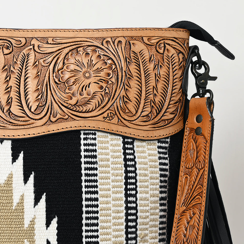 ADBGZ701 Tooled Leather Crossbody Bag with Fringe & Wool Saddle Blanket - Western Style Purse