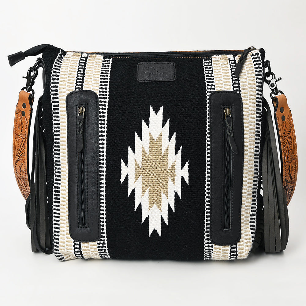 ADBGZ701 Tooled Leather Crossbody Bag with Fringe & Wool Saddle Blanket - Western Style Purse