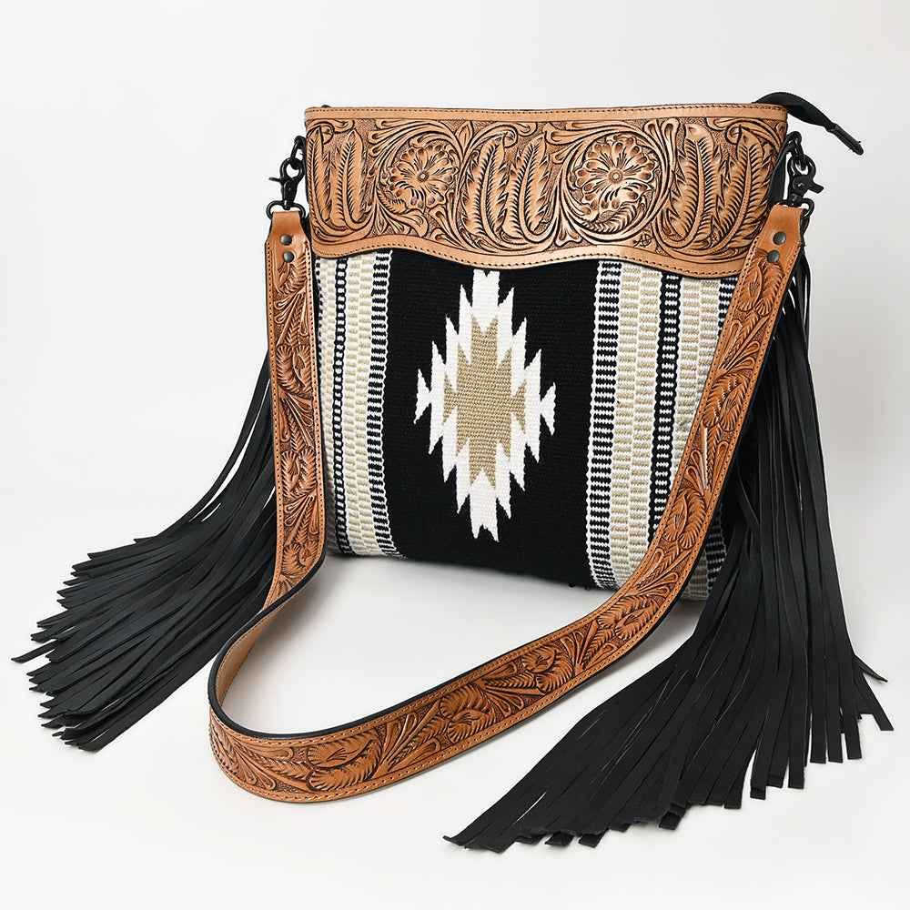 ADBGZ701 Tooled Leather Crossbody Bag with Fringe & Wool Saddle Blanket - Western Style Purse