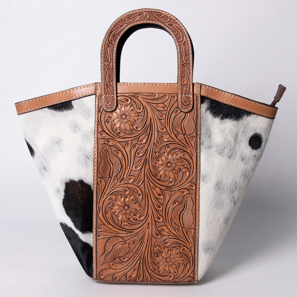 LC-ADBGA326 Hand-Tooled Leather & Cowhide Western Tote Bag Black & White