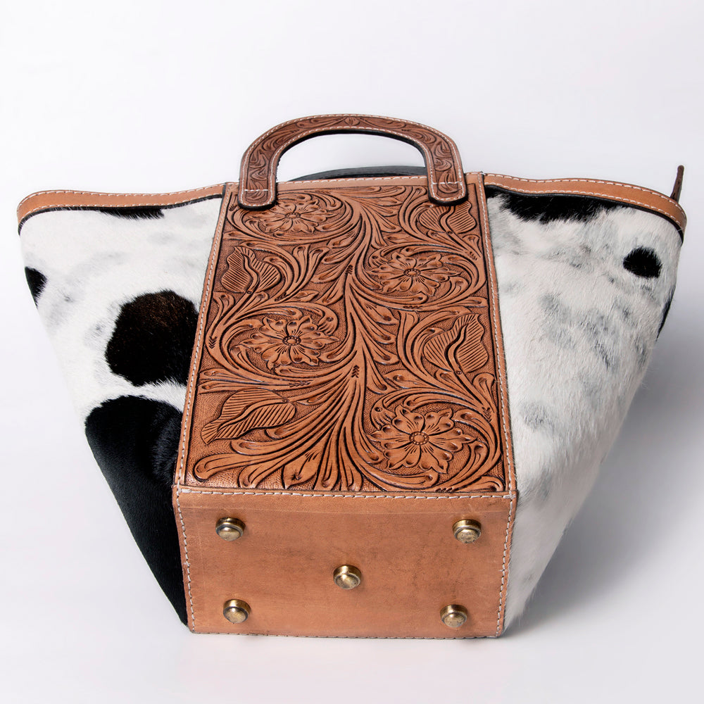 LC-ADBGA326 Hand-Tooled Leather & Cowhide Western Tote Bag Black & White