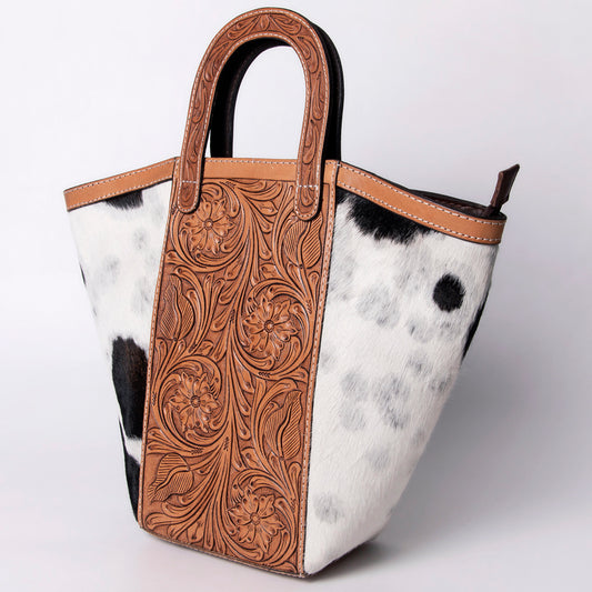 LC-ADBGA326 Hand-Tooled Leather & Cowhide Western Tote Bag Black & White