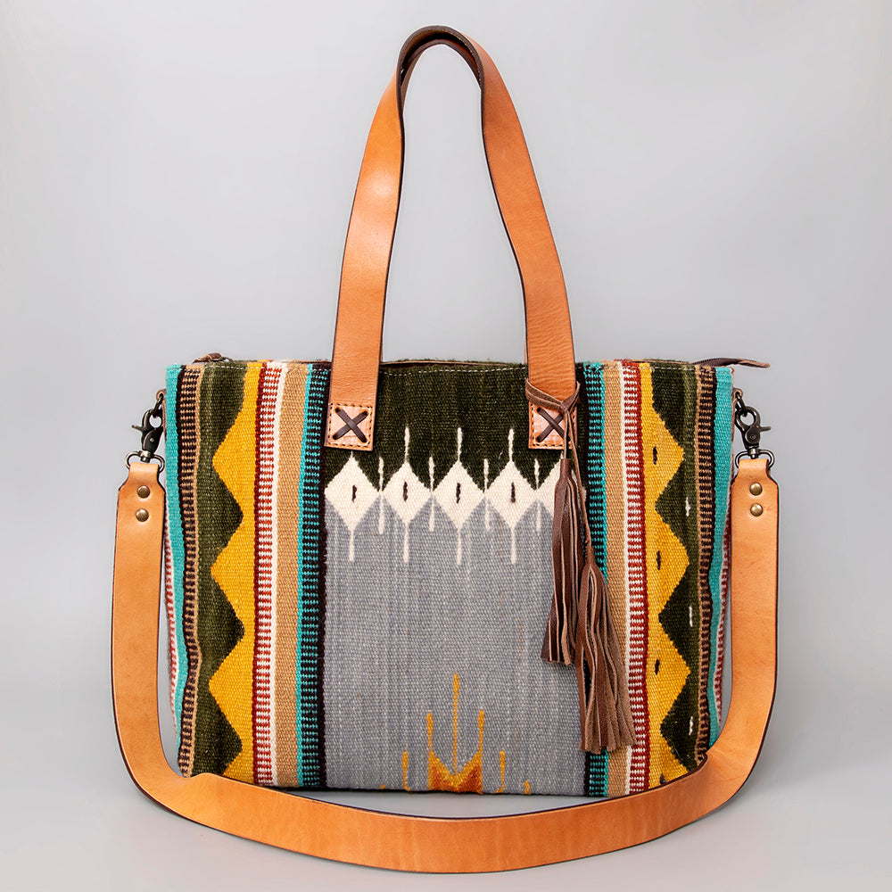LC-ADBG575D Southwestern Wool Tote with Natural Leather Straps Handwoven Tribal Pattern & Tassel