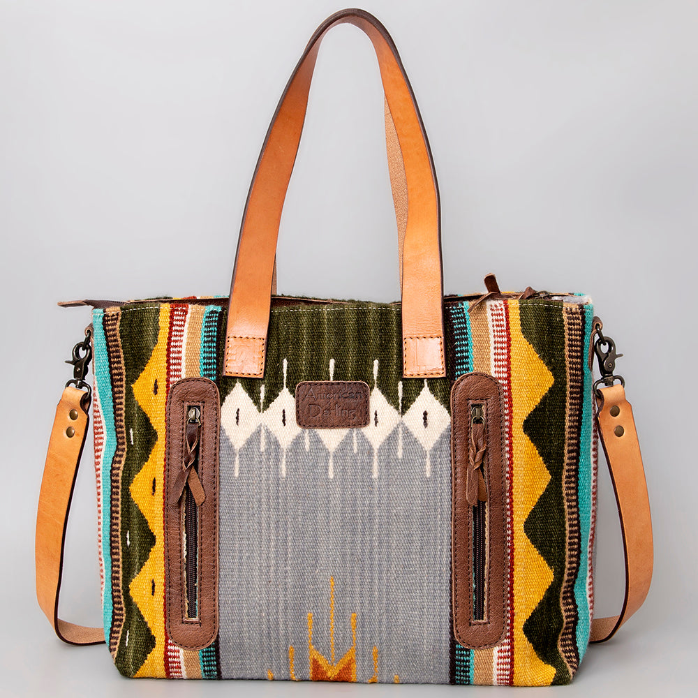 LC-ADBG575D Southwestern Wool Tote with Natural Leather Straps Handwoven Tribal Pattern & Tassel