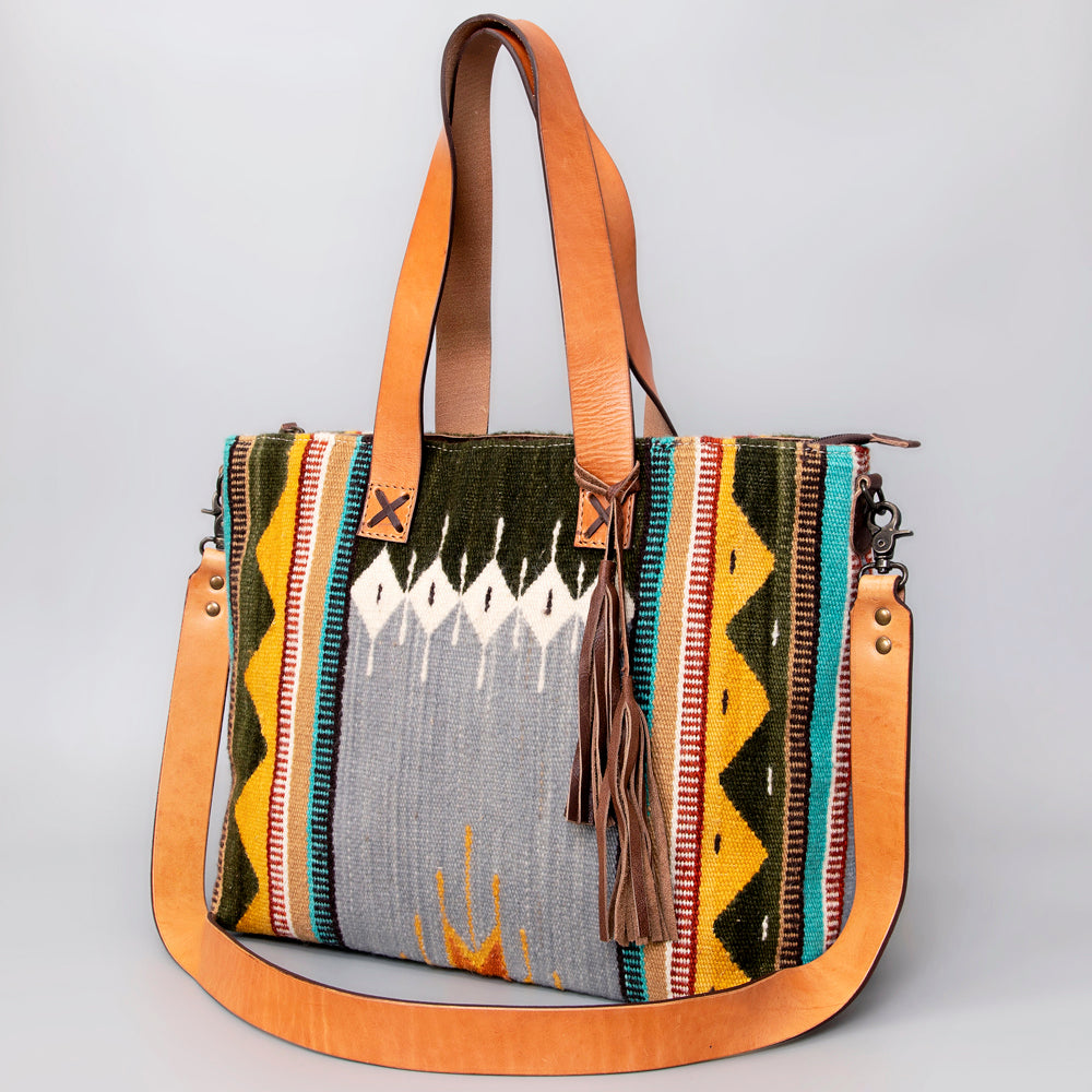 LC-ADBG575D Southwestern Wool Tote with Natural Leather Straps Handwoven Tribal Pattern & Tassel