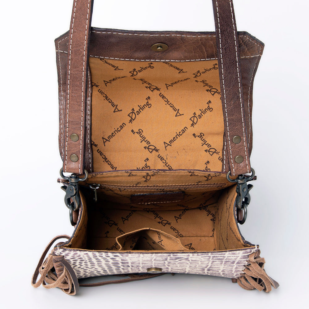 ADBG983 Hair-On Cowhide & Croc Embossed Leather Messenger Purse with Turquoise Conchos Western Fringe Bag