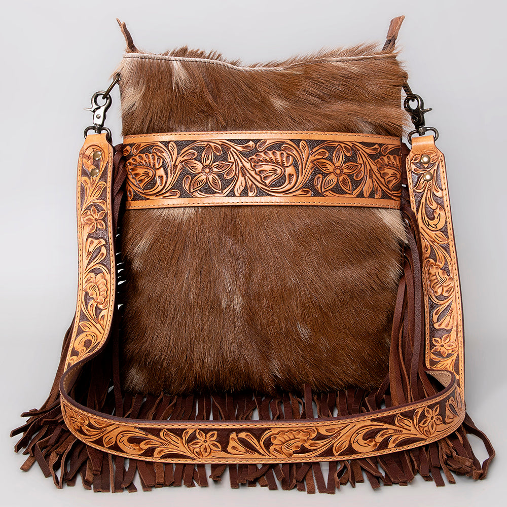 ADBGS192 Cowhide Large Crossbody Bag with Tooled Patch, Fringe & Floral Strap - Western Purse