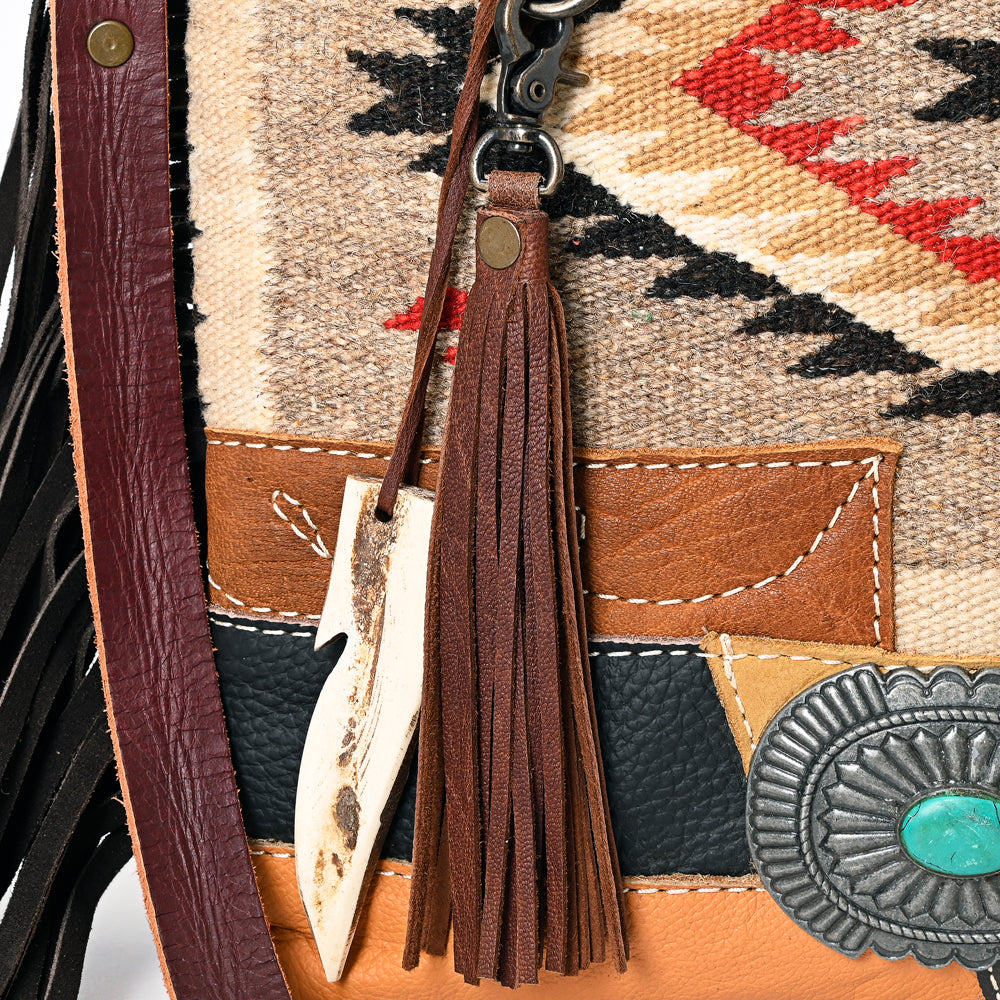 ADBG1054 American Darling Handcrafted Leather Crossbody Bag Saddle blanket Colorful Design & Fringes Western Handbag