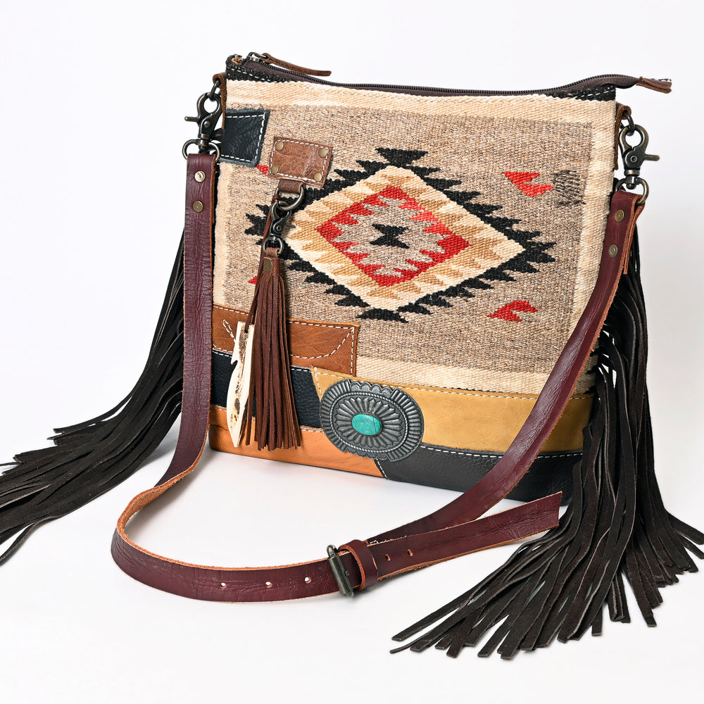 ADBG1054 American Darling Handcrafted Leather Crossbody Bag Saddle blanket Colorful Design & Fringes Western Handbag