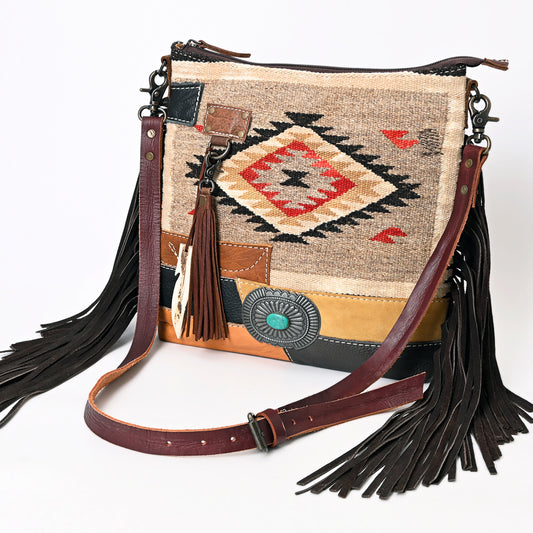 ADBG1054 American Darling Handcrafted Leather Crossbody Bag Saddle blanket Colorful Design & Fringes Western Handbag