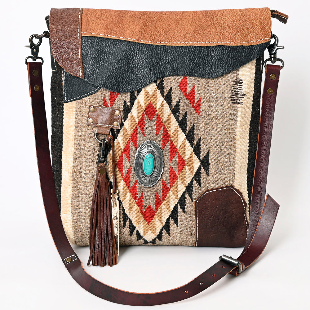 ADBG1055 American Darling Handcrafted Leather Crossbody Bag with Saddle Blanket Colorful Design & Tassels Western Handbag