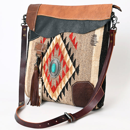 ADBG1055 American Darling Handcrafted Leather Crossbody Bag with Saddle Blanket Colorful Design & Tassels Western Handbag