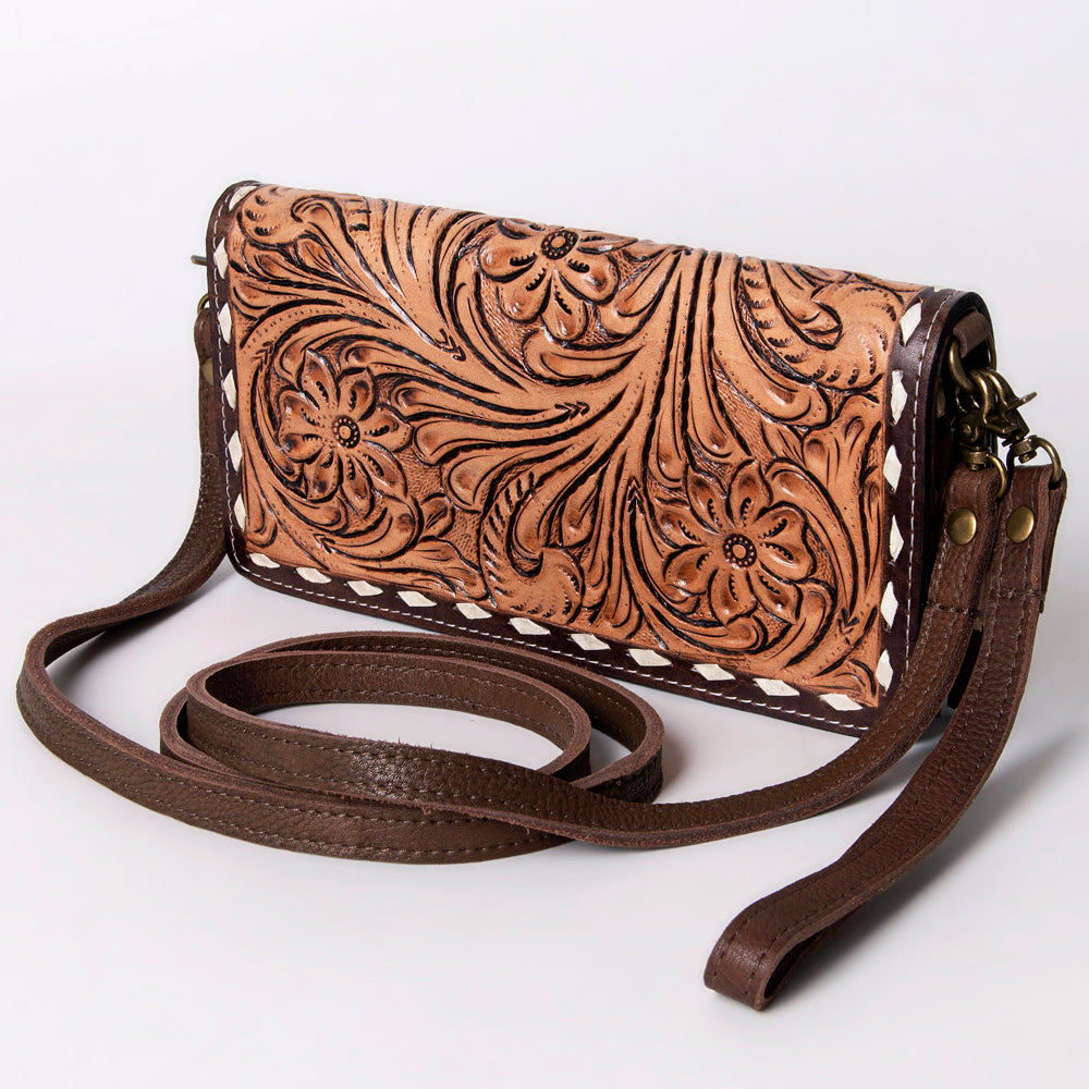 ADBGM169 Hand-Tooled Leather Organiser Purse - Western Floral Scroll