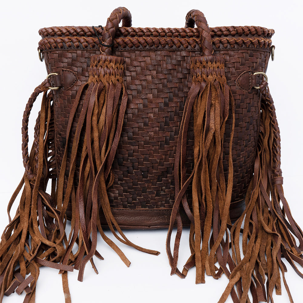 ADBGD146 Woven Leather Western Tote Bag with Braided Fringe & Dual Strap