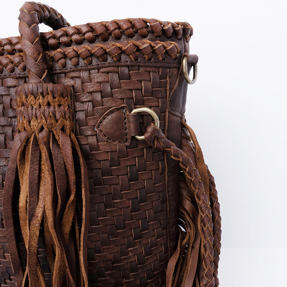 ADBGD146 Woven Leather Western Tote Bag with Braided Fringe & Dual Strap