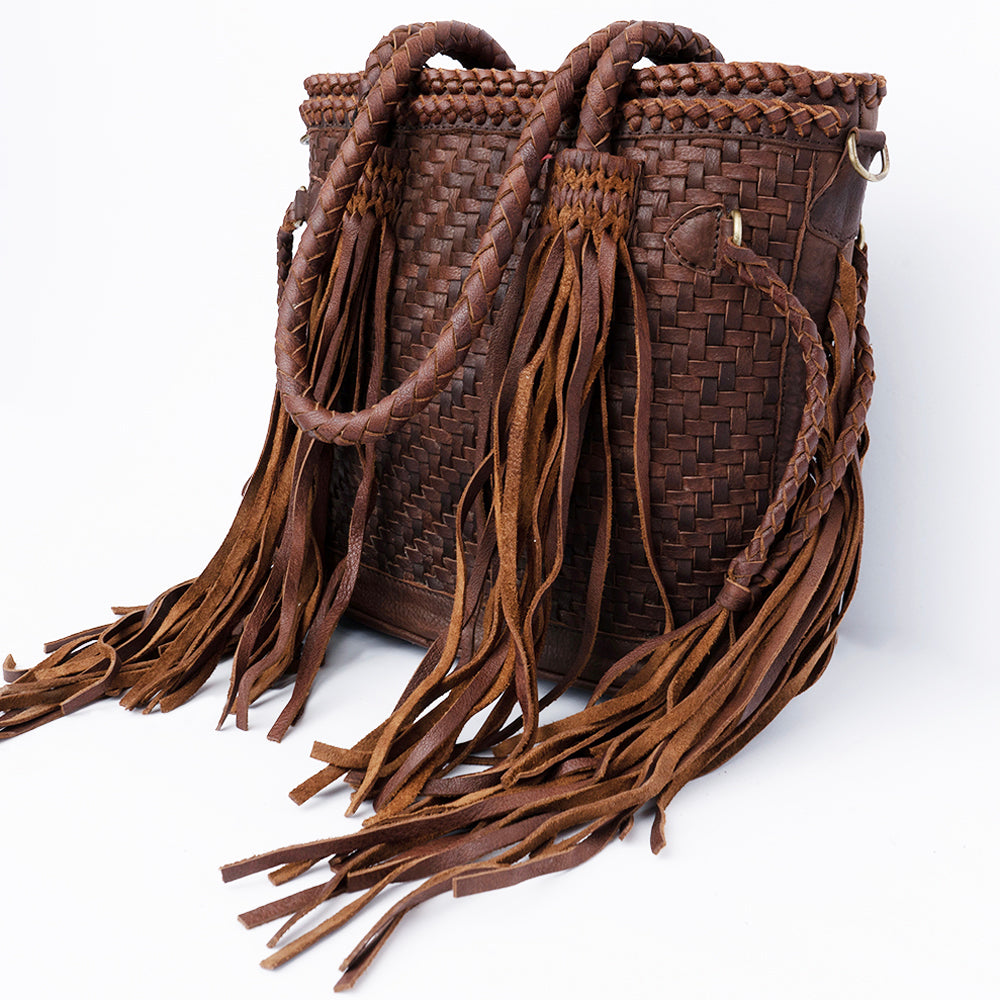 ADBGD146 Woven Leather Western Tote Bag with Braided Fringe & Dual Strap