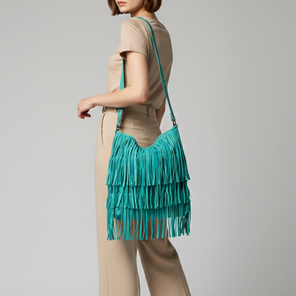 ADBGM308 Layered Fringe Leather Crossbody - Western Festival Bag with Studded Strap