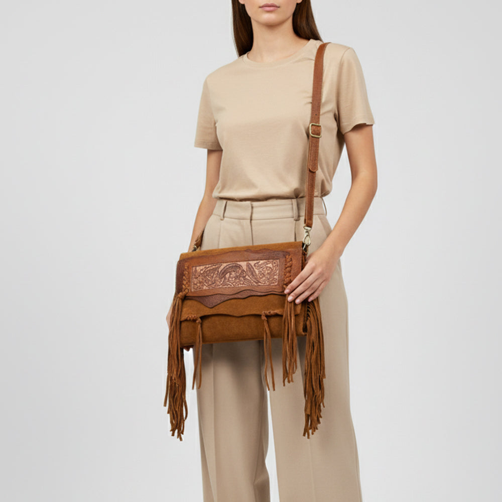 ADBGM307 Tooled Leather & Genuine suede Fringe Crossbody - Western Floral Panel & Adjustable Strap