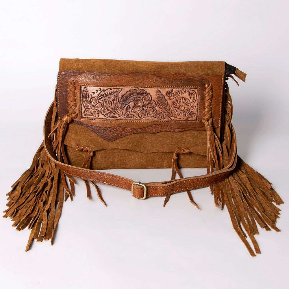 ADBGM307 Tooled Leather & Genuine suede Fringe Crossbody - Western Floral Panel & Adjustable Strap