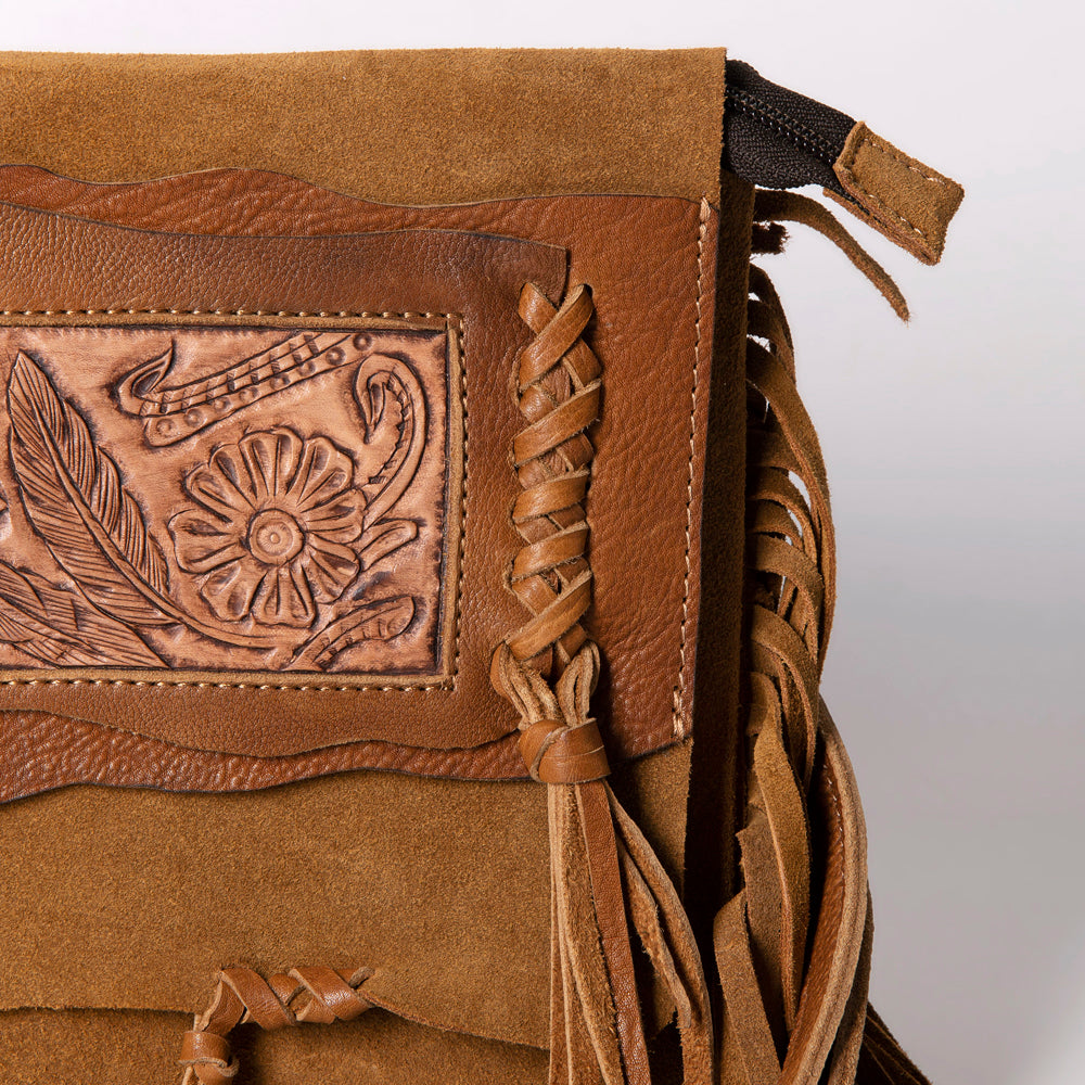ADBGM307 Tooled Leather & Genuine suede Fringe Crossbody - Western Floral Panel & Adjustable Strap