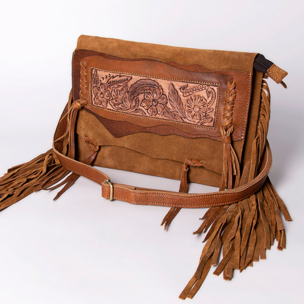 ADBGM307 Tooled Leather & Genuine suede Fringe Crossbody - Western Floral Panel & Adjustable Strap