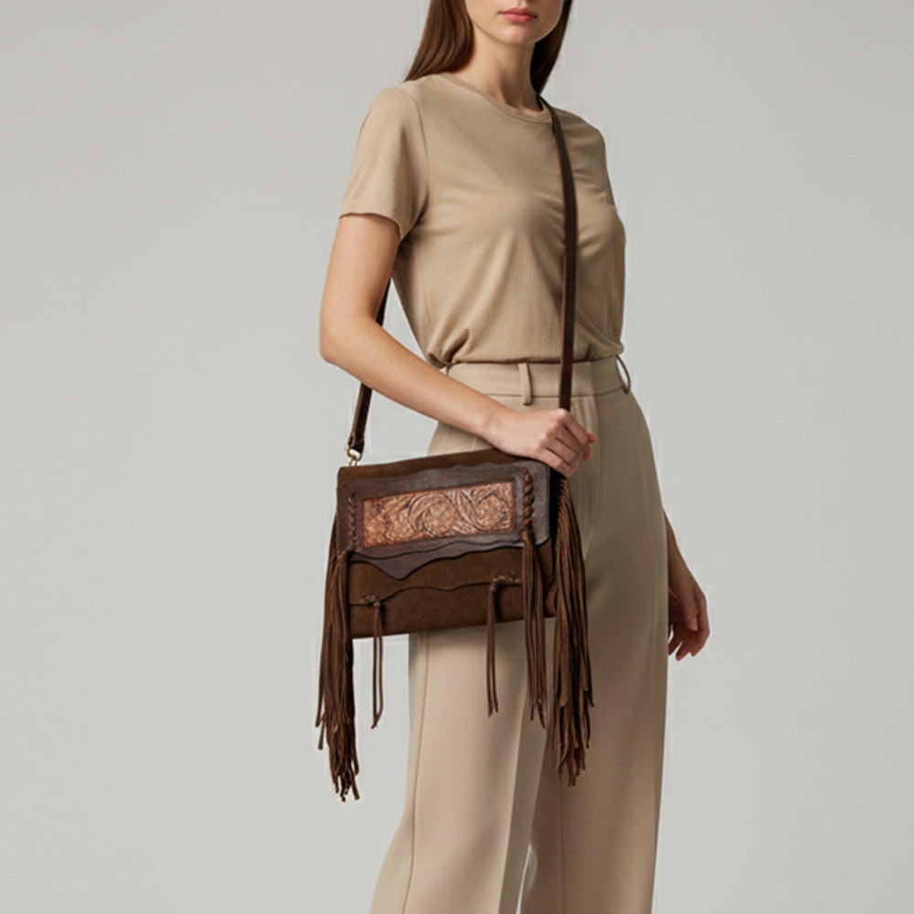 ADBGM307 Tooled Leather & Genuine suede Fringe Crossbody - Western Floral Panel & Adjustable Strap