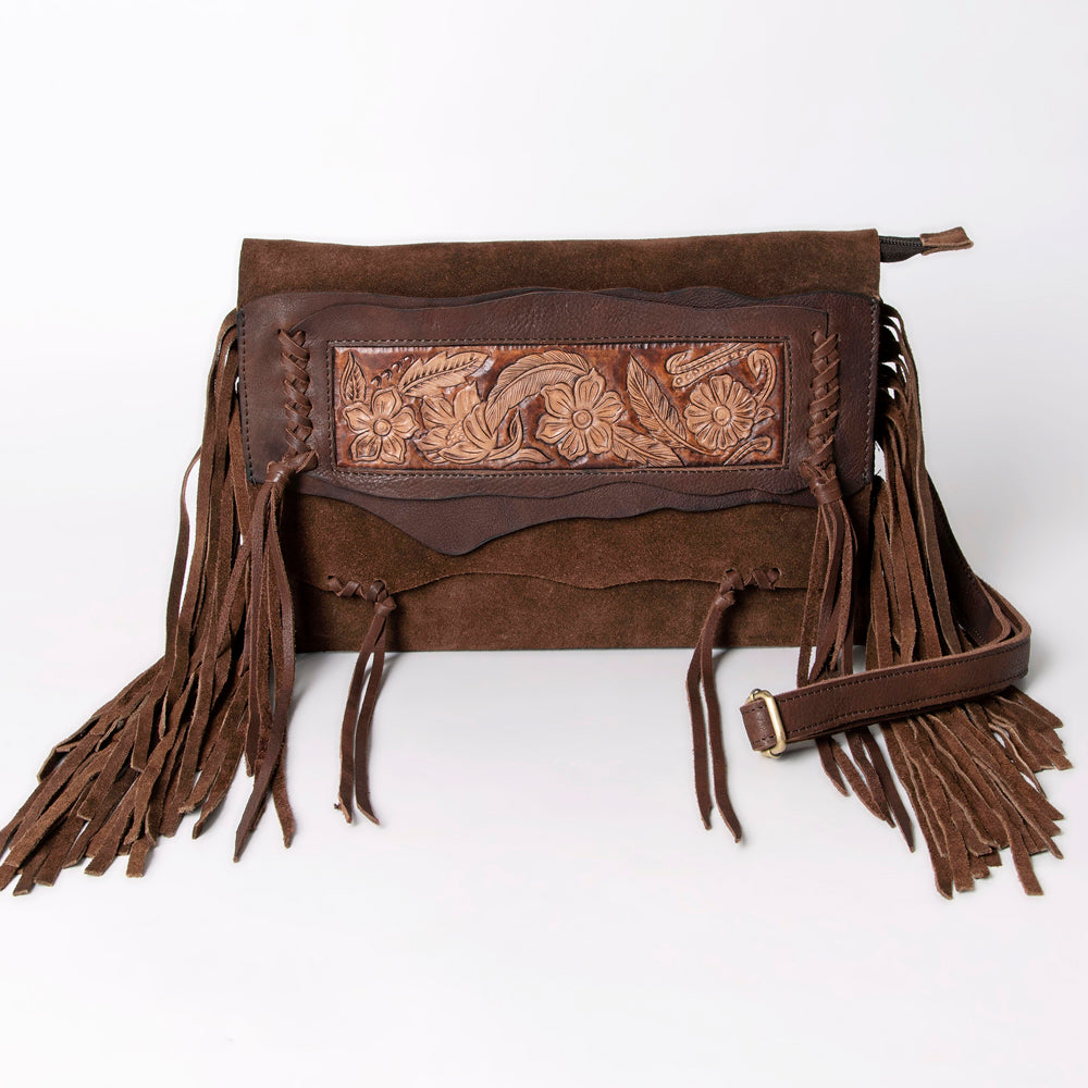 ADBGM307 Tooled Leather & Genuine suede Fringe Crossbody - Western Floral Panel & Adjustable Strap