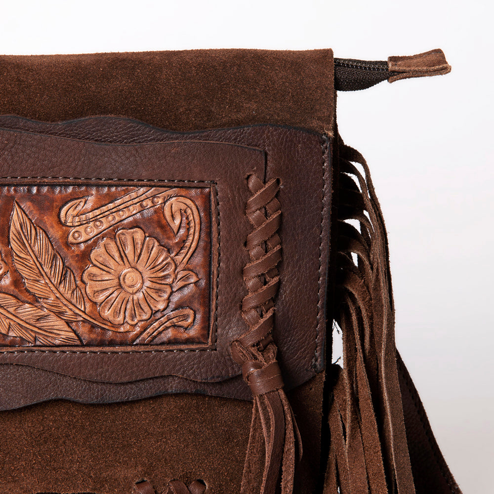 ADBGM307 Tooled Leather & Genuine suede Fringe Crossbody - Western Floral Panel & Adjustable Strap