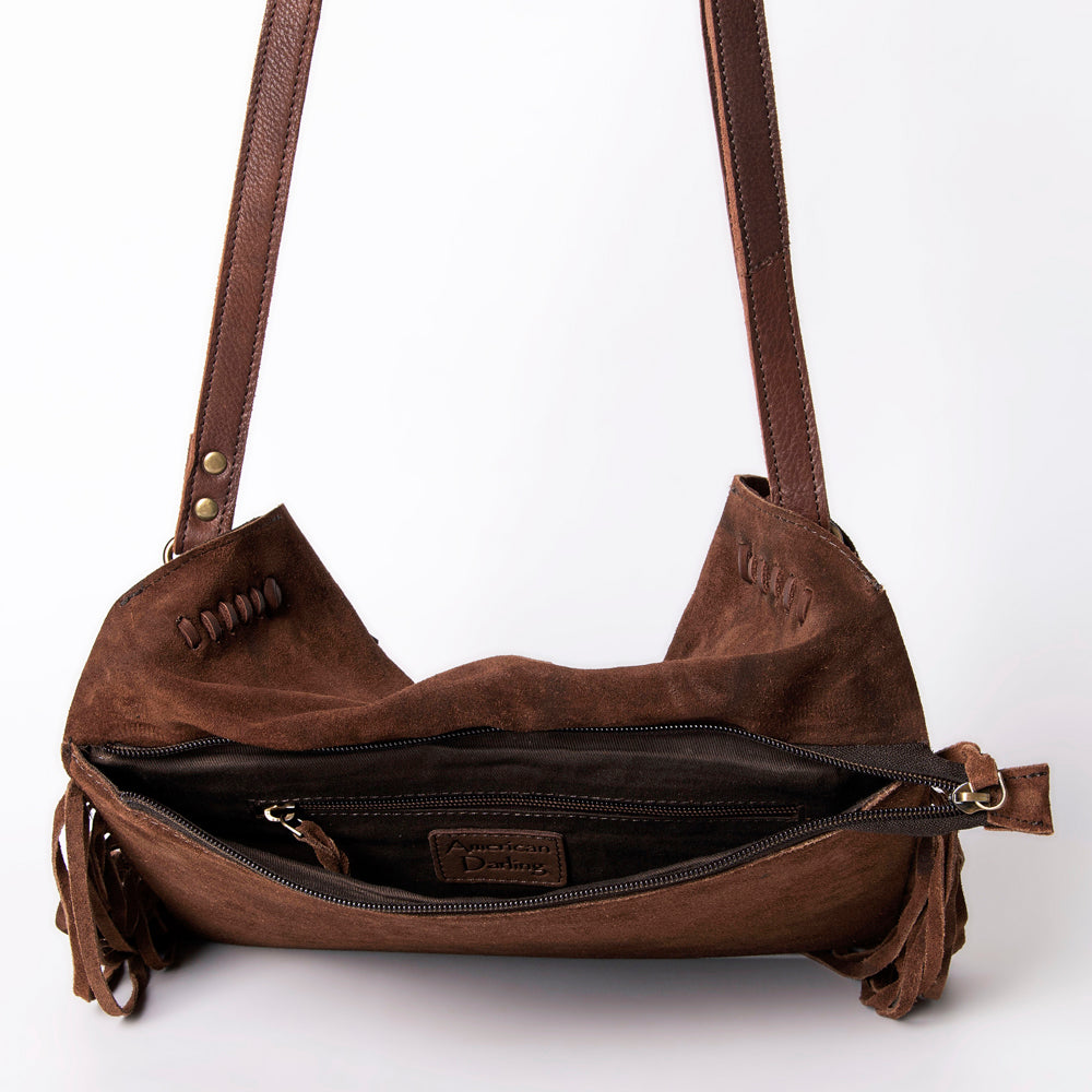 ADBGM307 Tooled Leather & Genuine suede Fringe Crossbody - Western Floral Panel & Adjustable Strap