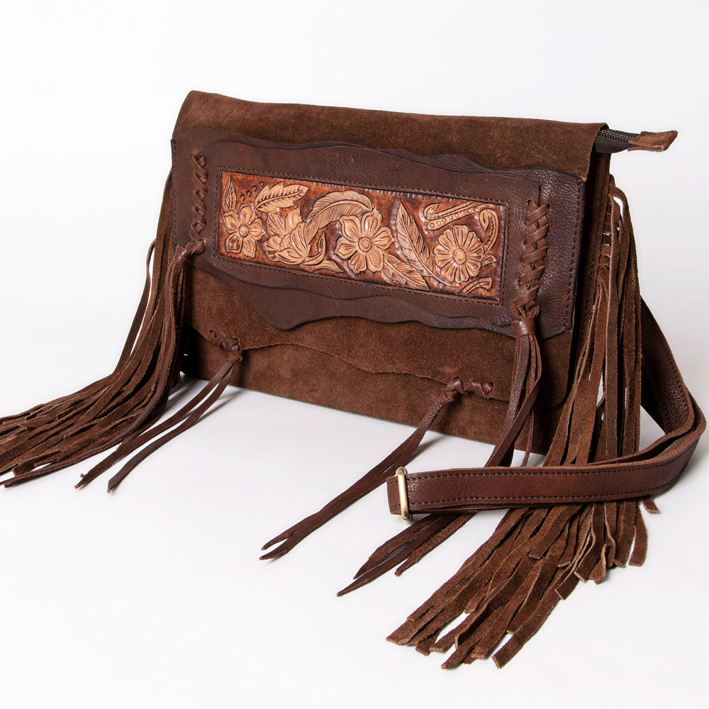 ADBGM307 Tooled Leather & Genuine suede Fringe Crossbody - Western Floral Panel & Adjustable Strap