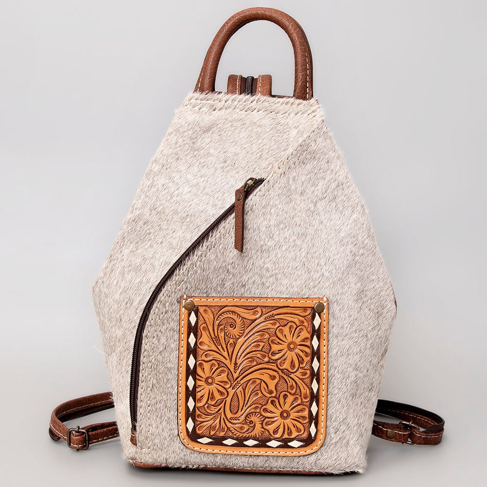 ADBG883 Hair-On Cowhide Western Leather Backpack with Tooled Pocket American Darling