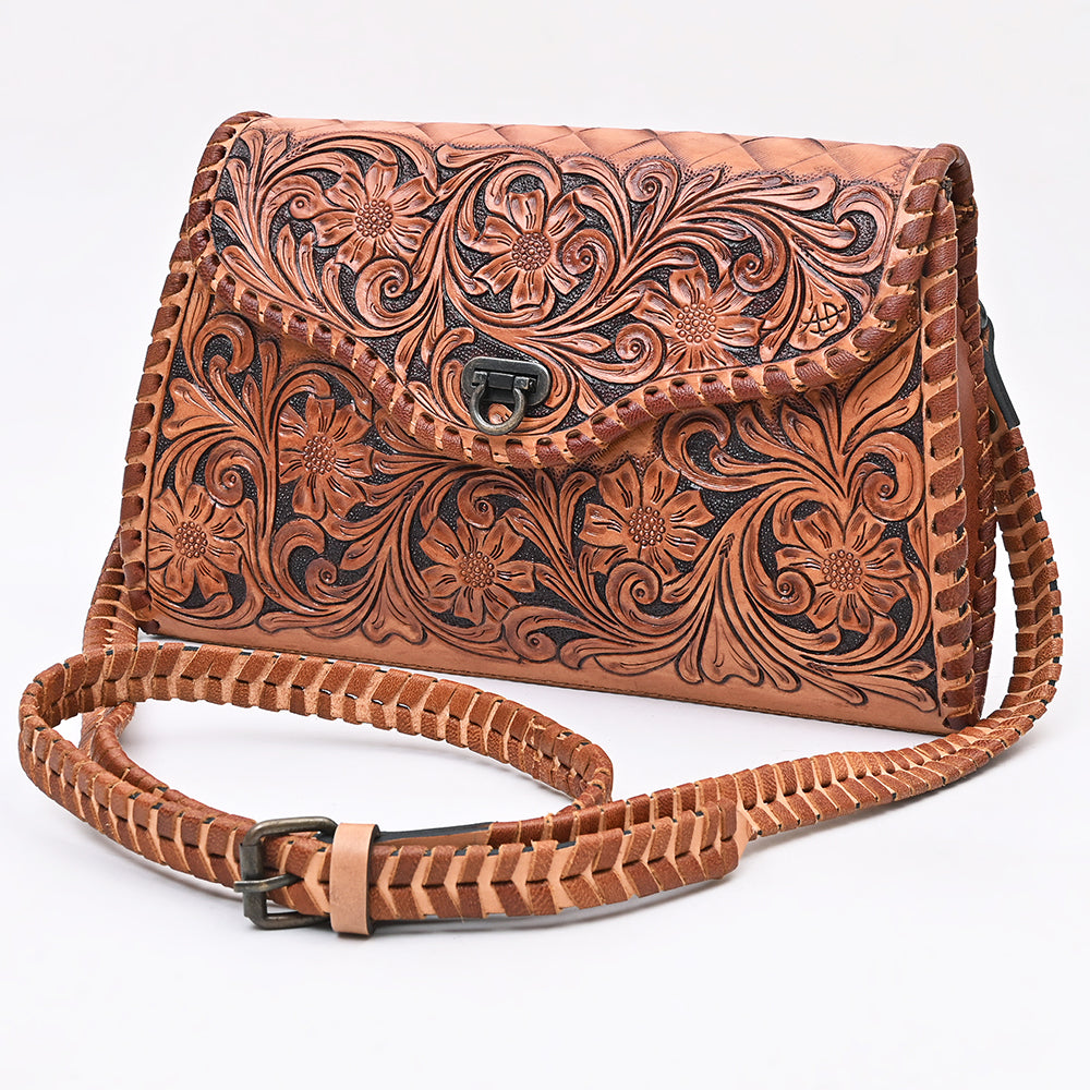ADBG1057 American Darling Handcrafted Western Leather Crossbody Bag Intricate Tooled Floral Design